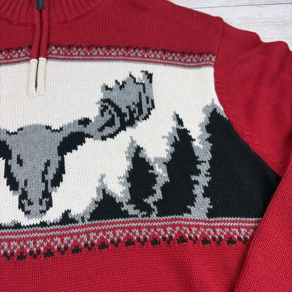 Chaps Men's XL 1/4 Zip Cotton Knit Cardigan Long Sleeve Moose Head Sweater Red